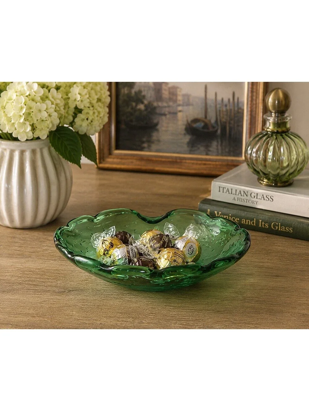 Vintage Green Controlled Bubble Art Glass Bowl Murano Style Scalloped Candy Dish